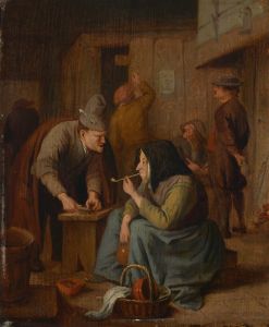 A tavern interior with a woman smoking a pipe and a man cutting tobacco