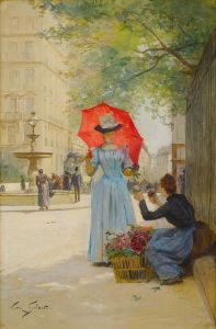 Jeune femme à l’ombrelle achetant des fleurs