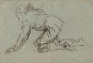A Kneeling Man Holding a Staff