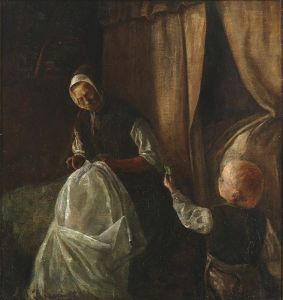 En dreng rækker sin bedstemor en grøn ært