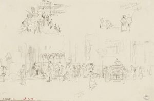 Personnages et calèches sur un boulevard