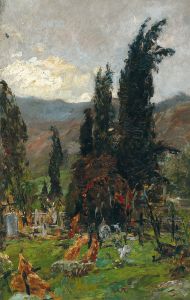 View of a cemetery at dusk
