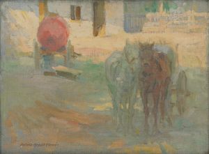 Farm Yard with Yoked Horses
