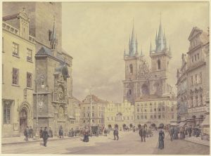 Blick auf die Teynkirche und die Mariensäule am Altstädter Ring zu Prag