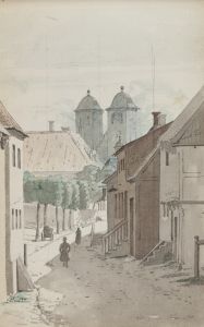 Et kik ned ad et stræde mod Viborg Domkirkes to tårne