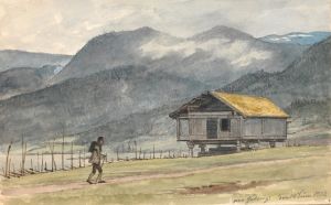 Fjeldlandskab med hytte og vandrer
