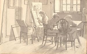Interiør fra akademiet med malende og tegnende kunstnere