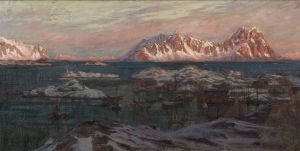 Fishing Harbour with Sunlit Mountains. Study from North Norway