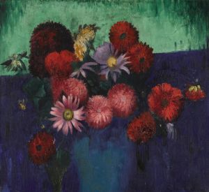Still Life, Dahlias and Daisies in a Blue Vase