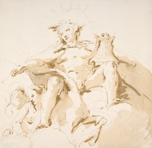 Apollo Seated on Clouds, Two Figures at Left