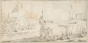 Soldiers Driving Ox Carts with Banners