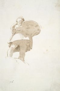 Male figure carrying a tray, seen from below