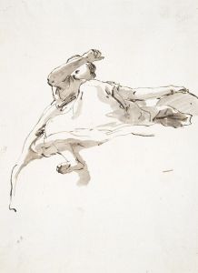 Reclining female figure, left hand resting on globe, right arm raised in front of face, seen from below