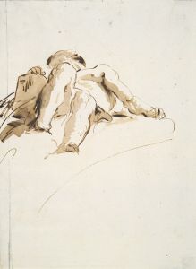 Reclining male nude with right hand resting on a stone tablet, seen from below