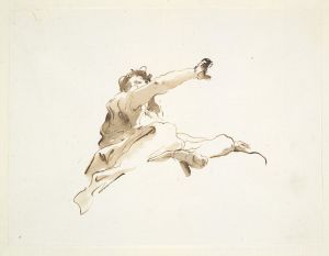 Seated figure with head turned to the left and right arm raised, seen from below