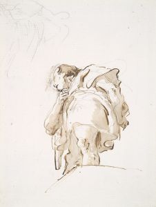 Standing male figure seen obliquely from below