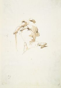 Walking male figure seen obliquely from below