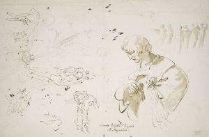 Study sheet with a young man in profile, looking left; studies of figures and heads