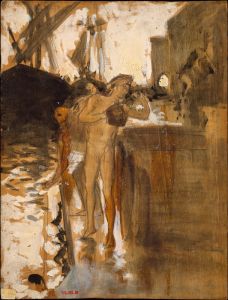 Two Nude Bathers Standing on a Wharf