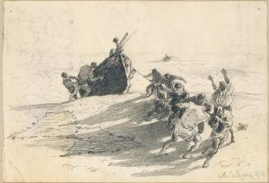Men Hauling Lifeboat onto Beach