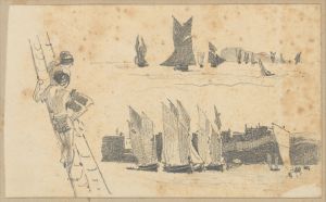 Two Men in Ship’s Rigging, Two Scenes with Sailboats