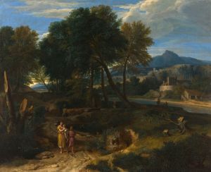 Pastorale avec un jeune pâtre et une femme avec un enfant dans les bras