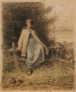 Jeune bergère assise sur une barrière