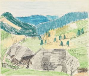 Höll; Sommerlandschaft mit zwei Schwarzwaldhäusern vorn