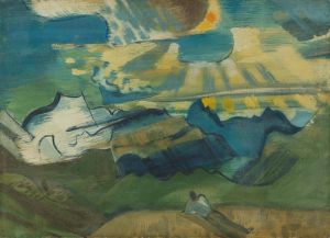Landschaft mit liegendem Wanderer