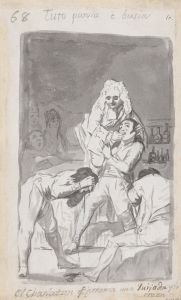 A charlatan extracting a tooth from a patient’s mouth, figure in the foreground vomiting