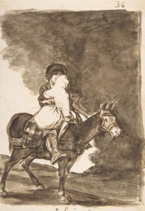 A man and a woman riding a mule