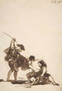 A man with a raised whip breaking up a fight between two figures