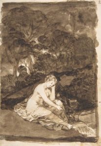 A partly naked woman seated by a stream