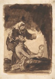 A woman giving a mug to an old man