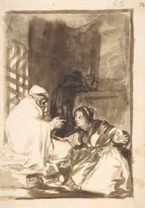 A woman kneeling, her arms wide, before an old man