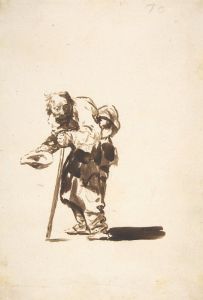 Beggar with a staff in his left hand