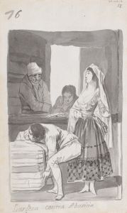 ‘Generosity versus Greed’, a woman and three men conducting a transaction inside a shop