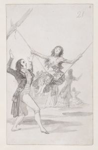 Girl on a swing, a man with his arms raised