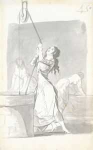 Three women, one in the foreground drawing water from a well, two in the background washing