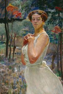 Portrait of a woman against a rowanberry grove