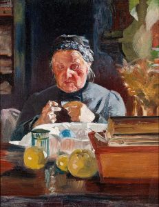 Woman at table, sketch