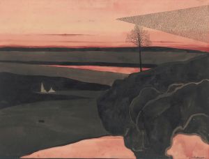 Landscape under a Red Evening Glow with Migratory Birds