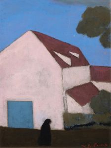 Ferme à la façade rose, silhouette de femme