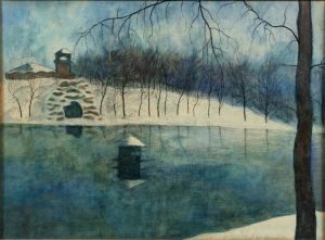 Le parc Léopold d’Ostende avec l’étang et le Trinkhall, sous la neige