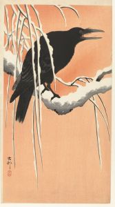 Crow on snowy branch