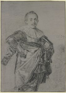Junger stehender Mann mit Mantel und glatter Halskrause, Kniestück