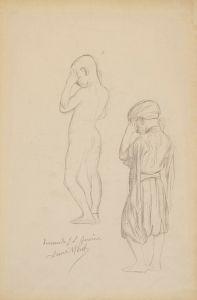 Two studies of a standing boy holding his hands up in prayer