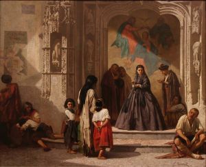 Jeune femme faisant la charité à l’entrée de la chapelle de l’hôpital San Sebastian à Cordoue