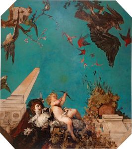 A Ceiling Painting, Society Lady With Cupid In A Garden Landscape