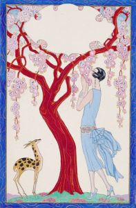 Femme, faon et arbre rouge